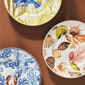 Anthropologie Sea Life 3 Side Dessert Plates Lobster Shells Seahorse Fish Set